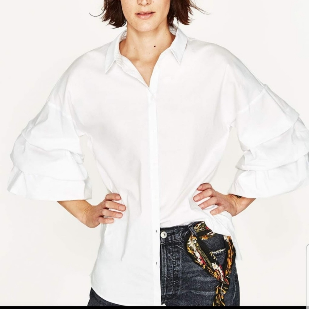 Zara White Ruffled Sleeve Button-Up Blouse
